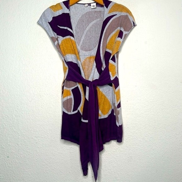 Anthro Moth Wrap Around Sleeveless Cardigan Sweater Lightweight Purple Yellow M - Picture 4 of 15